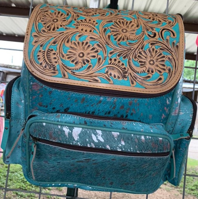 XL Turquoise Tooled Cowhide Bag